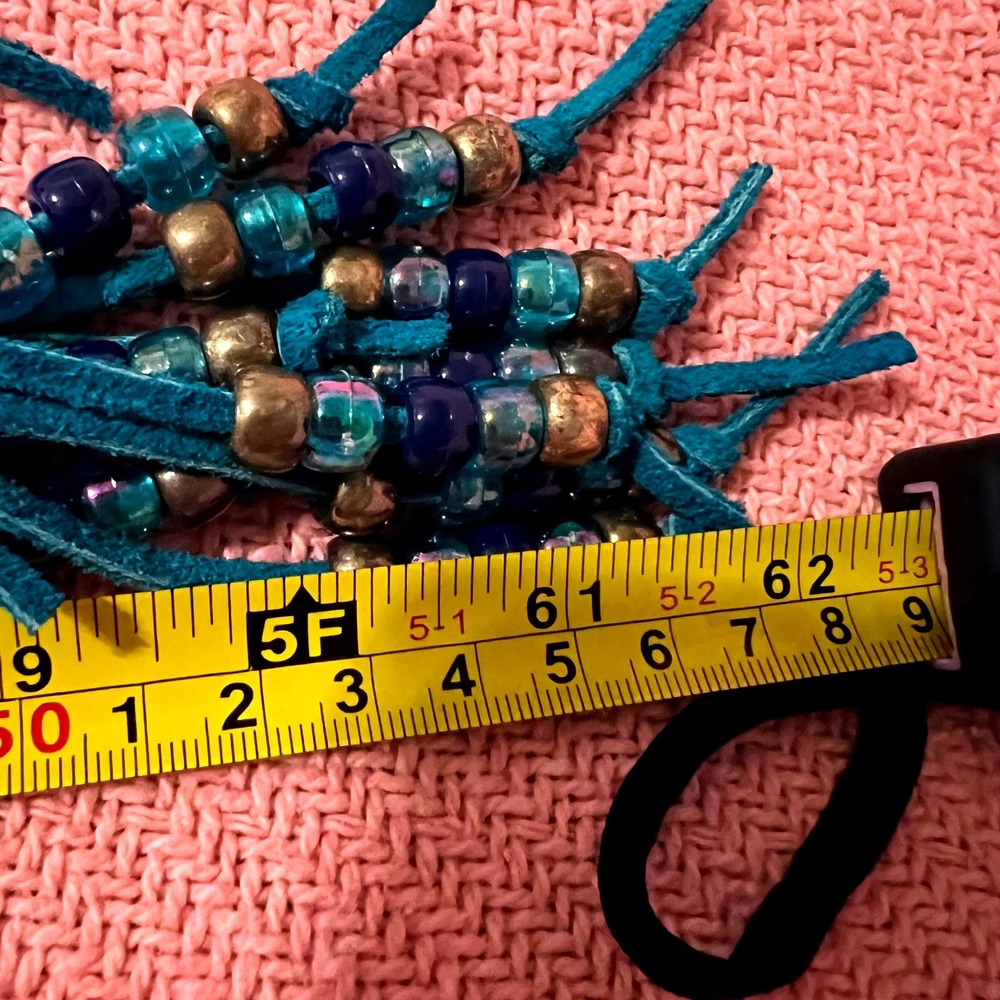Boho Teal Suede Beaded Concho Belt Southwestern Fringe Tie Waist Silver Tone 62" - Picture 6 of 6